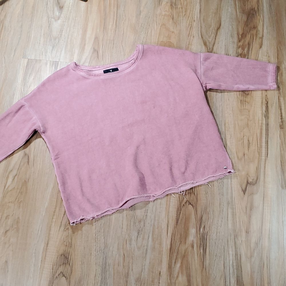 💜American Eagle Mauve Cropped Raw Hem Long Sleeve Sweatshirt Small